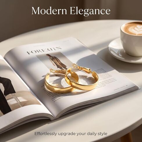14k Yellow Gold Chunky Hoop Earrings for Women, Smooth Inner Band & Puffed Outer Design, Click-Top Secure Closure, Hypoallergenic Minimalist Jewelry 22mm*4.5mm in Saudi Arabia
