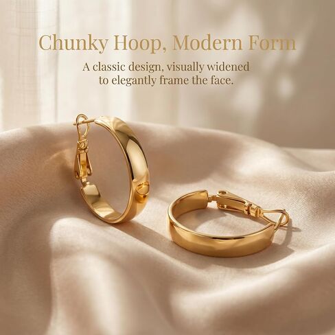14k Yellow Gold Chunky Hoop Earrings for Women, Smooth Inner Band & Puffed Outer Design, Click-Top Secure Closure, Hypoallergenic Minimalist Jewelry 22mm*4.5mm in Saudi Arabia