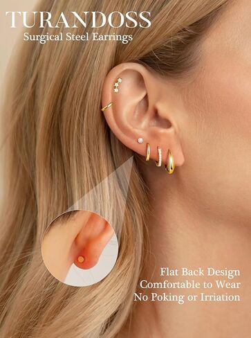 Turandoss Small Hoop Earrings Stack for Women Non Tarnish, Hypoallergenic 14K Gold Plated Huggie Hoops Earring Sets Cartilage Stud Earring for Women Trendy Multiple Piercing in Kuwait