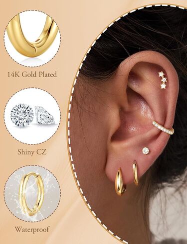 Turandoss Small Hoop Earrings Stack for Women Non Tarnish, Hypoallergenic 14K Gold Plated Huggie Hoops Earring Sets Cartilage Stud Earring for Women Trendy Multiple Piercing in Kuwait