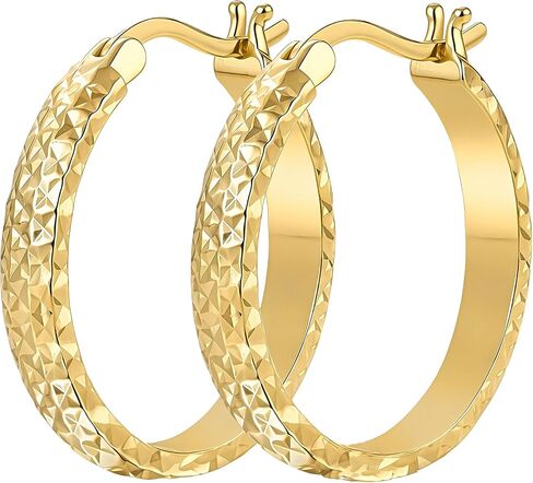 14K Gold Hammered Hoop Earrings for Women Secure Click-Top Hoops Hypoallergenic Lightweight Textured Earrings for Sensitive Ears in Saudi Arabia