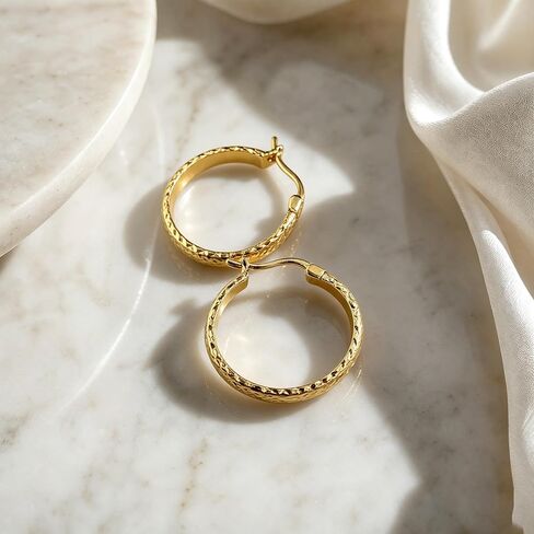 14K Gold Hammered Hoop Earrings for Women Secure Click-Top Hoops Hypoallergenic Lightweight Textured Earrings for Sensitive Ears in Saudi Arabia