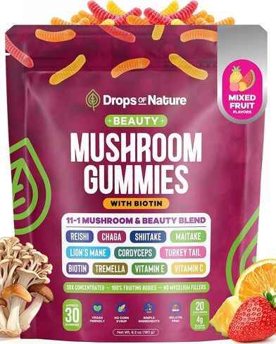 Drops Of Nature Mushroom Beauty Biotin Gummies – Tremella Lions Mane VIT C VIT E – 11-in-1 Mushroom Superfood Blend – Vegan Hair Skin and Nails for Women (Mixed Fruits, 30 Gummies) in Saudi Arabia