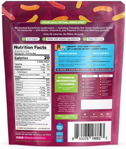 Drops Of Nature Mushroom Beauty Biotin Gummies – Tremella Lions Mane VIT C VIT E – 11-in-1 Mushroom Superfood Blend – Vegan Hair Skin and Nails for Women (Mixed Fruits, 30 Gummies) in Saudi Arabia