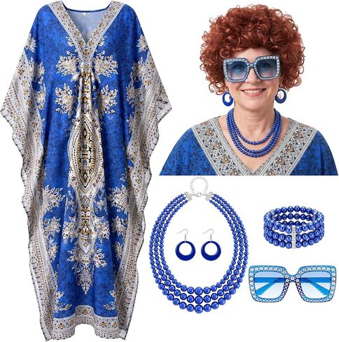 Maiteenly 6 Pcs Carnival Landlady Women Costume Curly Wig Print Caftan Dresses Jewelry Set and Sunglass for Cosplay Party in Kuwait