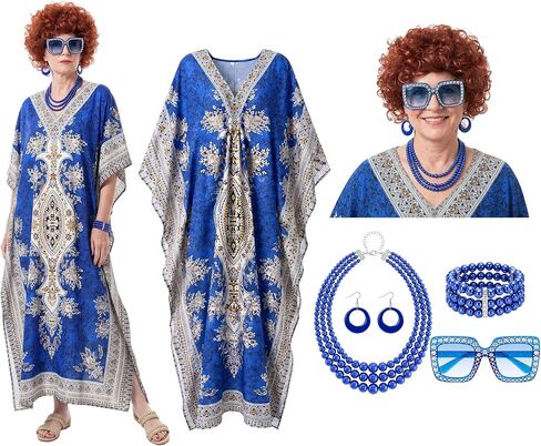 Maiteenly 6 Pcs Carnival Landlady Women Costume Curly Wig Print Caftan Dresses Jewelry Set and Sunglass for Cosplay Party in Kuwait