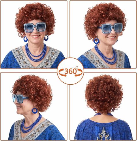 Maiteenly 6 Pcs Carnival Landlady Women Costume Curly Wig Print Caftan Dresses Jewelry Set and Sunglass for Cosplay Party in Kuwait