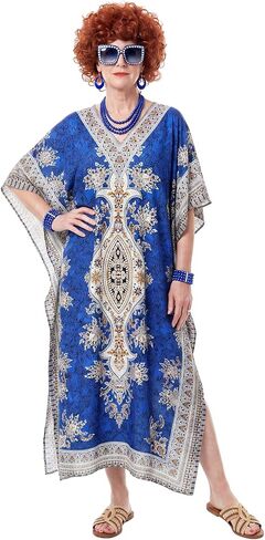 Maiteenly 6 Pcs Carnival Landlady Women Costume Curly Wig Print Caftan Dresses Jewelry Set and Sunglass for Cosplay Party in Kuwait
