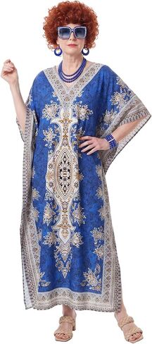 Maiteenly 6 Pcs Carnival Landlady Women Costume Curly Wig Print Caftan Dresses Jewelry Set and Sunglass for Cosplay Party in Kuwait
