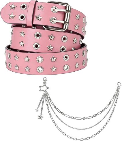 Y2K Pink Star Studded Belt for Women Alt Belts Chain With White Emo Punk Gothic Double Star Grommets Grunge in Saudi Arabia