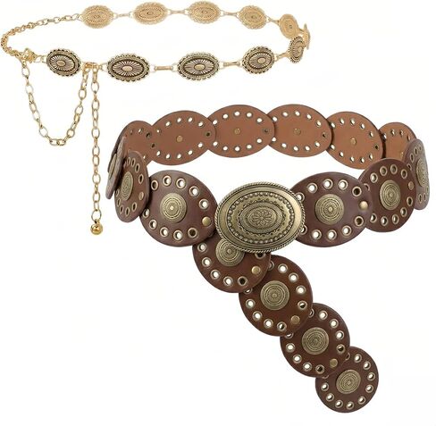 2 Pcs Boho Belt for Women, Vintage Bohemia Waist Chain Belt and Western Cowgirl Cowboy Concho Leather Belt for Dress in Saudi Arabia