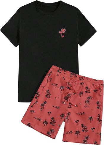 GORGLITTER Men's 2 Piece Short Sleeve Graphic Tee Hawaiian Printed Drawstring Shorts Set Black & Red Small in Kuwait