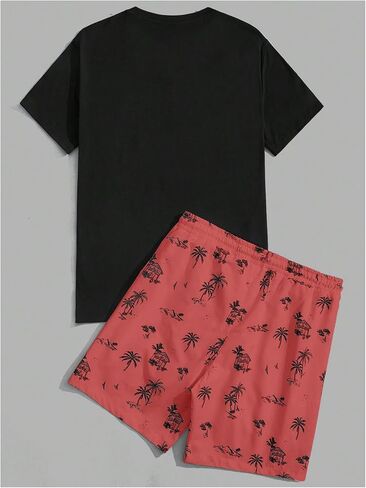 GORGLITTER Men's 2 Piece Short Sleeve Graphic Tee Hawaiian Printed Drawstring Shorts Set Black & Red Small in Kuwait