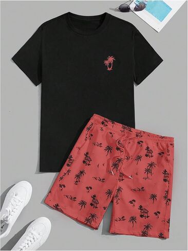 GORGLITTER Men's 2 Piece Short Sleeve Graphic Tee Hawaiian Printed Drawstring Shorts Set Black & Red Small in Kuwait