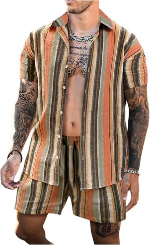 WDIRARA Men's Striped 2 Piece Outfits Short Sleeve Button Down Shirts Shorts Set Vacation Outfits in Kuwait
