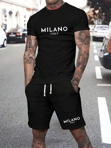 Men's 2 Piece Outfits Short Sleeve Crew Neck Summer T-Shirt Drawstring Casual Shorts Tracksuit with Pockets in Kuwait