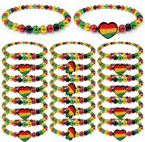 30 Pcs Juneteenth Bracelets Party Favors Bulk - Black Red Yellow Beads Accessories Gifts for Women Men Independence Freedom Day Supplies in Saudi Arabia