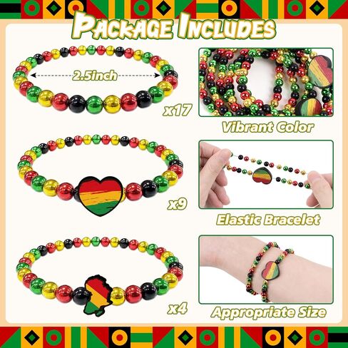 30 Pcs Juneteenth Bracelets Party Favors Bulk - Black Red Yellow Beads Accessories Gifts for Women Men Independence Freedom Day Supplies in Saudi Arabia