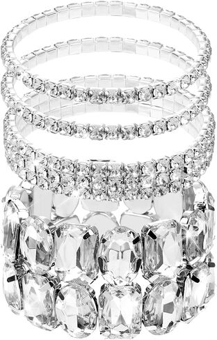 Rbenxia 4 Pcs Silver Bracelets for Women Crystal Stretch Bracelets Stackable Layered Fake Jewelry for Wedding Party Costume in Kuwait