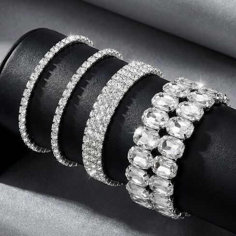 Rbenxia 4 Pcs Silver Bracelets for Women Crystal Stretch Bracelets Stackable Layered Fake Jewelry for Wedding Party Costume in Kuwait