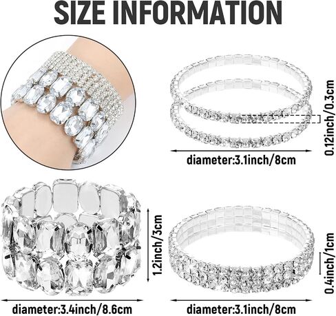 Rbenxia 4 Pcs Silver Bracelets for Women Crystal Stretch Bracelets Stackable Layered Fake Jewelry for Wedding Party Costume in Kuwait