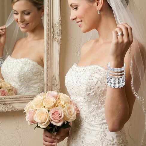Rbenxia 4 Pcs Silver Bracelets for Women Crystal Stretch Bracelets Stackable Layered Fake Jewelry for Wedding Party Costume in Kuwait