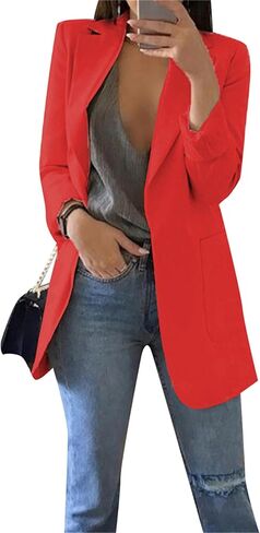 DIACACY Blazer for Womens Long Sleeve Solid Color Flat Lapel Slim Casual Breathable Midi Blazer Jackets with Pockets in Saudi Arabia