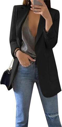 DIACACY Blazer for Womens Long Sleeve Solid Color Flat Lapel Slim Casual Breathable Midi Blazer Jackets with Pockets in Saudi Arabia