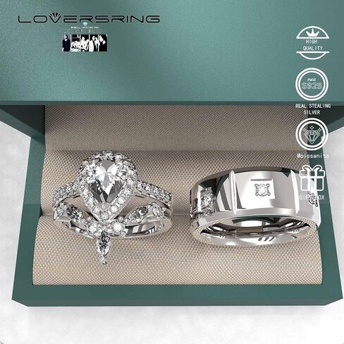 Wedding Ring Sets His And Hers Promise Ring Wedding Ring Sets His And Hers Couples Women 925 Sterling Silver Pear shaped cut Moissanite Man titanium Wedding Band in Kuwait