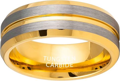 8mm Yellow Gold Beveled Edge Tungsten Carbide w/Grooved Center Design - Comfort Fit Wedding Band - Anniversary Ring in Saudi Arabia