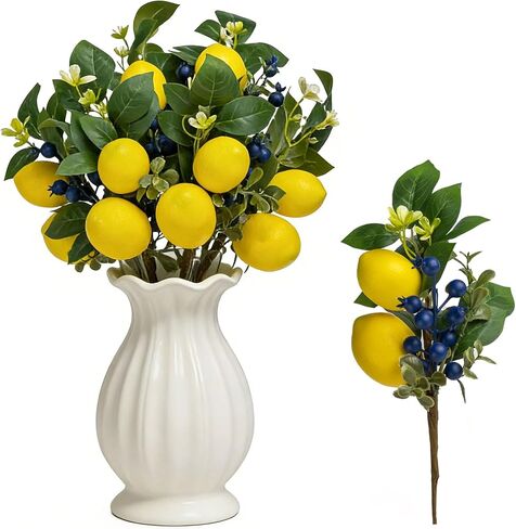13 Inch Artificial Lemon Branches (6 Pack), Lifelike Faux Fruit Lemon Blueberry Stems for Home Decor Wedding Flower Arrangements Holiday Decorations in Kuwait