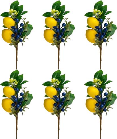 13 Inch Artificial Lemon Branches (6 Pack), Lifelike Faux Fruit Lemon Blueberry Stems for Home Decor Wedding Flower Arrangements Holiday Decorations in Kuwait