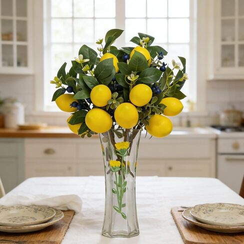 13 Inch Artificial Lemon Branches (6 Pack), Lifelike Faux Fruit Lemon Blueberry Stems for Home Decor Wedding Flower Arrangements Holiday Decorations in Kuwait
