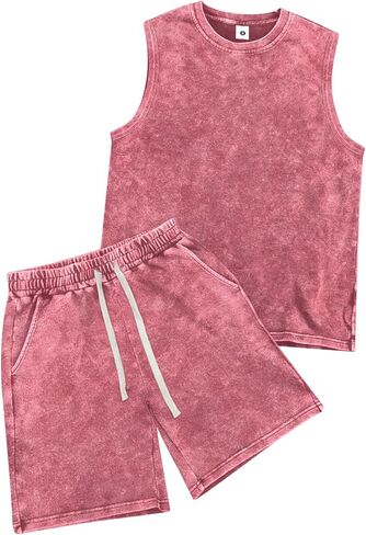 Men's Summer Thin Cotton Washed Distressed Vintage Tank Sleeveless T-shirt Shorts 2-piece Set Casual Sports Athletic Fitness in Saudi Arabia