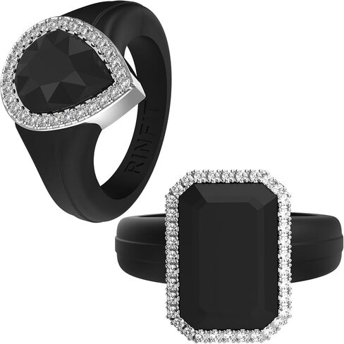 Rinfit Silicone Rings for Her - Rubber Wedding Bands with Cubic Zirconia Stones - Emerald Gemstone & Pear Gemstone Black/Silver, Size 9 in Kuwait