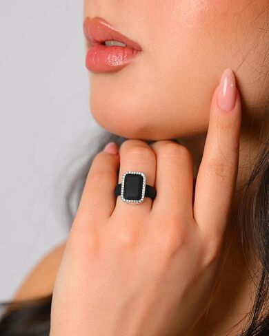 Rinfit Silicone Rings for Her - Rubber Wedding Bands with Cubic Zirconia Stones - Emerald Gemstone & Pear Gemstone Black/Silver, Size 9 in Kuwait