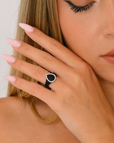 Rinfit Silicone Rings for Her - Rubber Wedding Bands with Cubic Zirconia Stones - Emerald Gemstone & Pear Gemstone Black/Silver, Size 9 in Kuwait