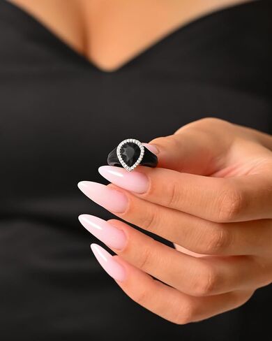 Rinfit Silicone Rings for Her - Rubber Wedding Bands with Cubic Zirconia Stones - Emerald Gemstone & Pear Gemstone Black/Silver, Size 9 in Kuwait