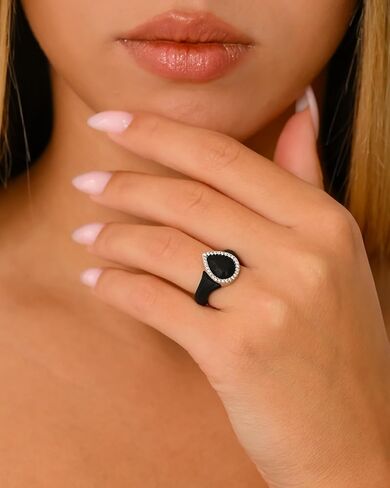 Rinfit Silicone Rings for Her - Rubber Wedding Bands with Cubic Zirconia Stones - Emerald Gemstone & Pear Gemstone Black/Silver, Size 9 in Kuwait