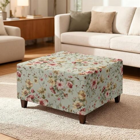 Vintage Flowers Stretchy Ottoman Cover for Home Decor Square Footstool Dust Cover Protects from Spills and Stains Living Room Bedroom Ottoman Slipcover 17" L x 17" W x 17" H in Saudi Arabia