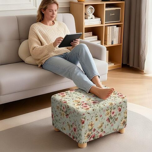 Vintage Flowers Stretchy Ottoman Cover for Home Decor Square Footstool Dust Cover Protects from Spills and Stains Living Room Bedroom Ottoman Slipcover 17" L x 17" W x 17" H in Saudi Arabia