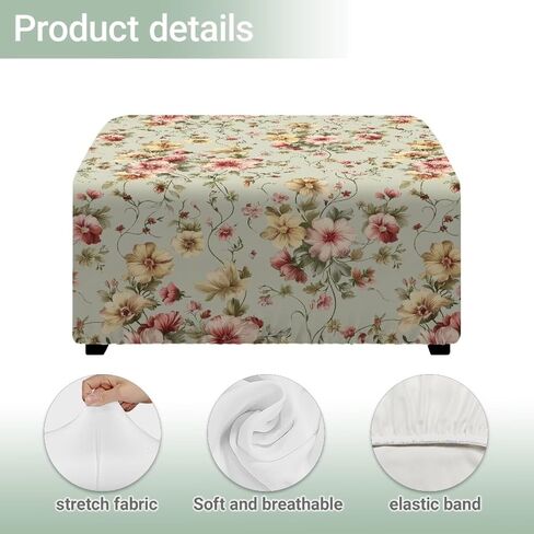 Vintage Flowers Stretchy Ottoman Cover for Home Decor Square Footstool Dust Cover Protects from Spills and Stains Living Room Bedroom Ottoman Slipcover 17" L x 17" W x 17" H in Saudi Arabia