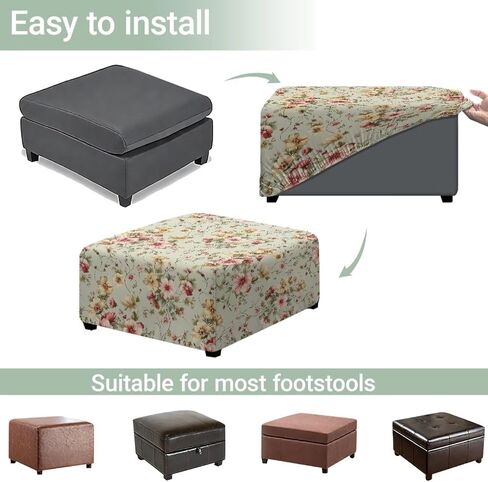 Vintage Flowers Stretchy Ottoman Cover for Home Decor Square Footstool Dust Cover Protects from Spills and Stains Living Room Bedroom Ottoman Slipcover 17" L x 17" W x 17" H in Saudi Arabia