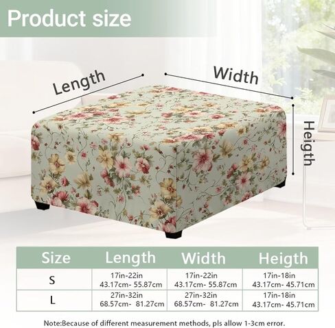 Vintage Flowers Stretchy Ottoman Cover for Home Decor Square Footstool Dust Cover Protects from Spills and Stains Living Room Bedroom Ottoman Slipcover 17" L x 17" W x 17" H in Saudi Arabia