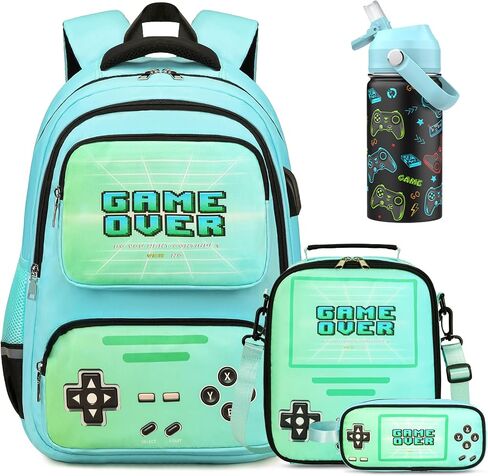 Gamer Luminous Boys Backpack with Lunch Bag Pencil Case, 14oz Insulated Bottle, BPA-FREE Double Tumbler 18/8 Stainless Steel Leak Proof Cups with Metal Straw for School Boy (Blue) in Saudi Arabia