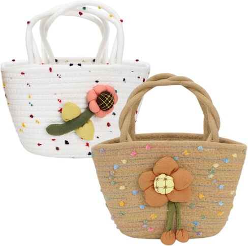 2 Pcs Little Girls Purses, Small Cute Flower Handbags with Handles, Cotton Woven Beach Bags for Girls Christmas Easter Birthday Gift ，Outdoor Activities, Gift in Saudi Arabia