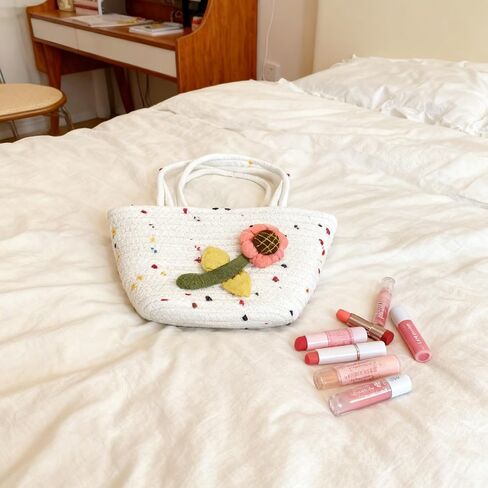 2 Pcs Little Girls Purses, Small Cute Flower Handbags with Handles, Cotton Woven Beach Bags for Girls Christmas Easter Birthday Gift ，Outdoor Activities, Gift in Saudi Arabia