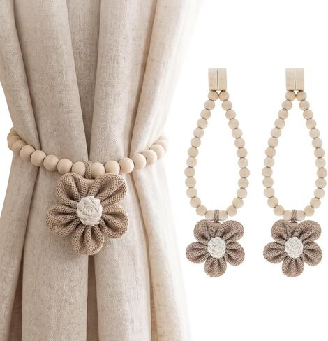 Magnetic Curtain Tiebacks with Wood Bead,2Pcs Boho Beige Flower Curtain Tie | Magnetic Closure Decorative Drapery Holders for Farmhouse,Bedroom,Living Room in Saudi Arabia