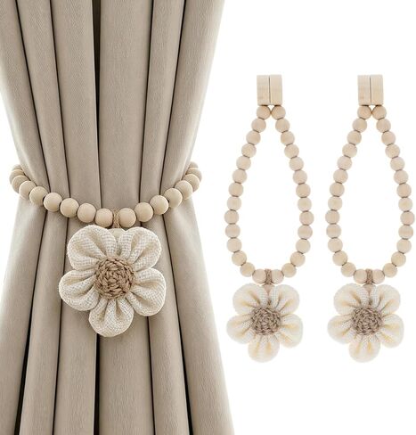 Magnetic Curtain Tiebacks with Wood Bead,2Pcs Boho Beige Flower Curtain Tie | Magnetic Closure Decorative Drapery Holders for Farmhouse,Bedroom,Living Room in Saudi Arabia
