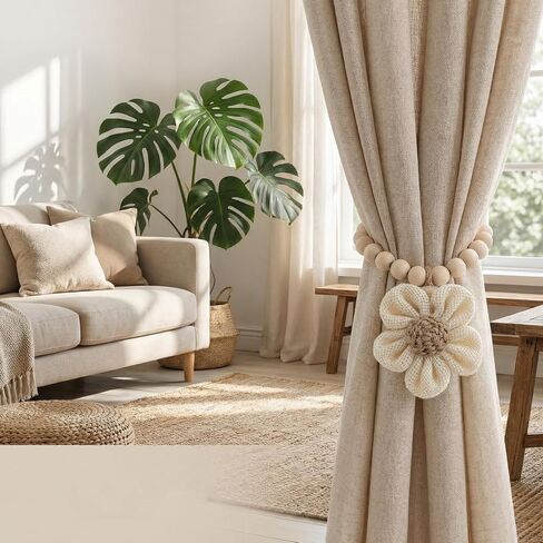 Magnetic Curtain Tiebacks with Wood Bead,2Pcs Boho Beige Flower Curtain Tie | Magnetic Closure Decorative Drapery Holders for Farmhouse,Bedroom,Living Room in Saudi Arabia